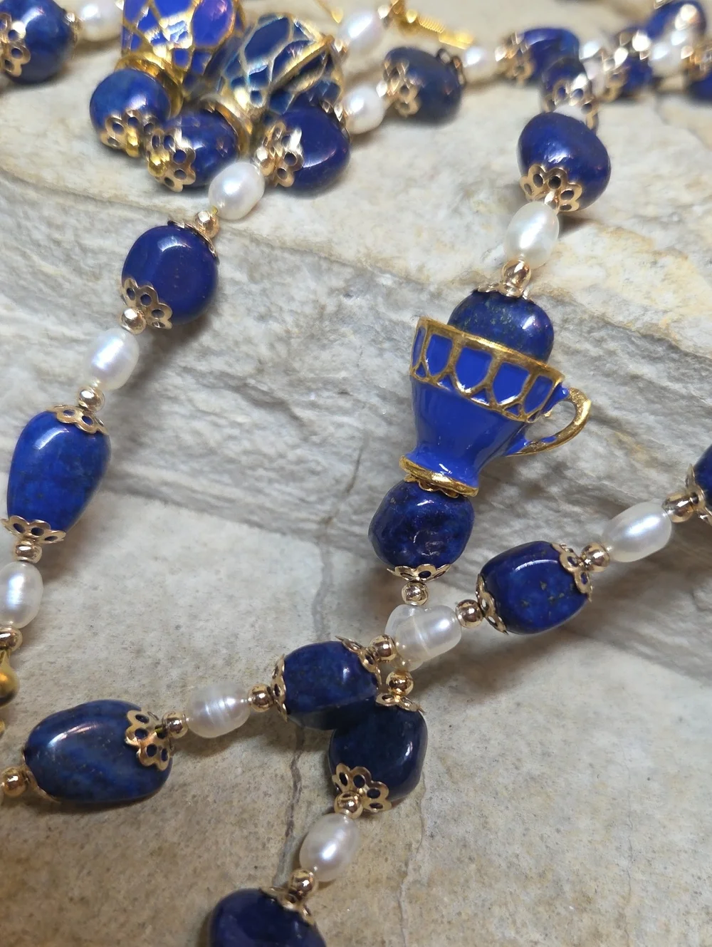 Enamel Teacup Lapis Lazuli Freshwater Pearl Women's Necklace & Earrings Set